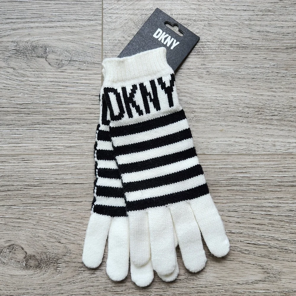 DKNY Striped Black and White Gloves Womens One Size Winter Cozy